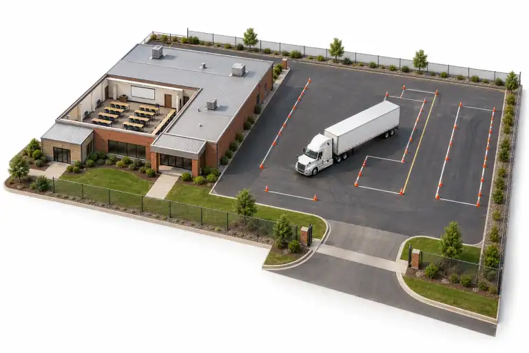 Cutaway of an American CDL classroom, office and closed range with a tractor-trailer