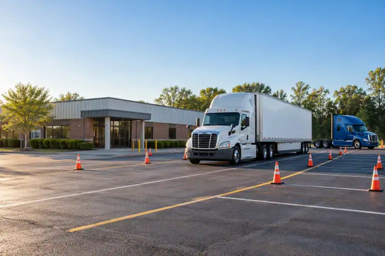 A classroom beside a paved American training yard, with space for truck handling practice