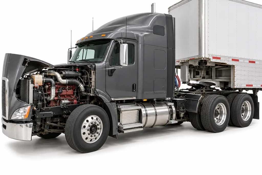 Cutaway of a semi tractor showing the engine, front lamps, wheels and trailer coupling