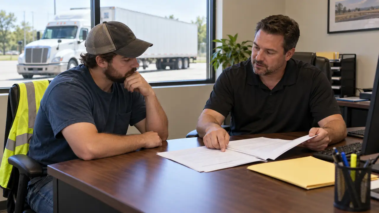 A new driver and carrier recruiter reviewing a written training agreement in a terminal office