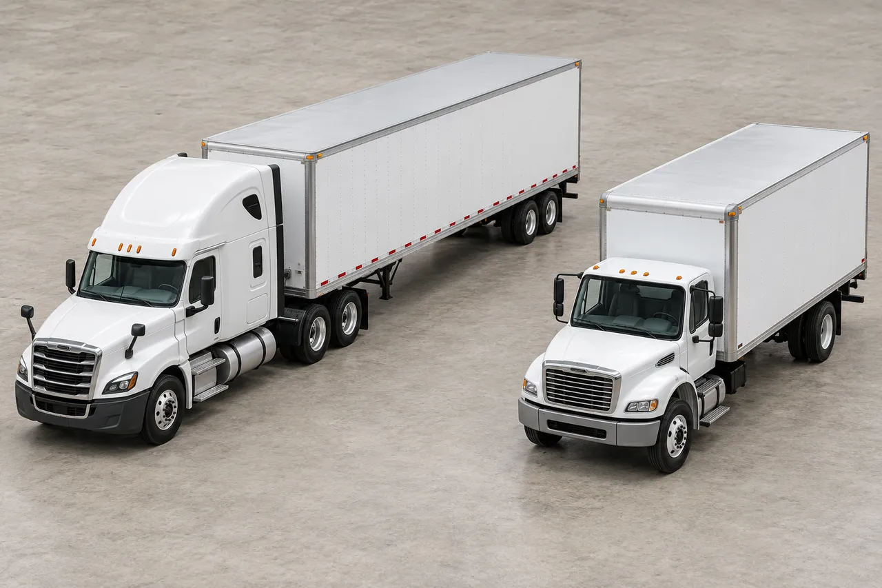 Vehicle diorama: tractor and separate semitrailer on the left; straight box truck on the right