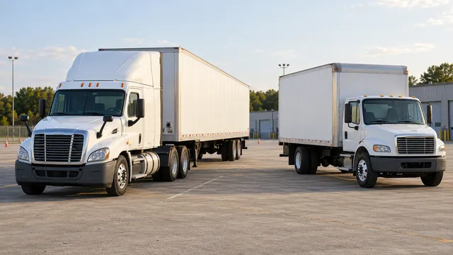 A tractor-trailer and a straight box truck parked in a training yard