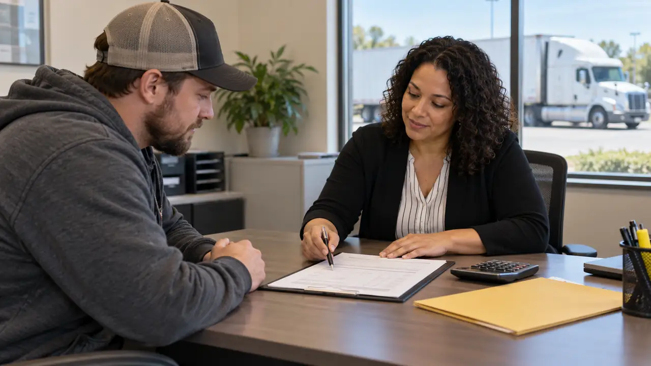 A prospective CDL student and workforce adviser comparing course paperwork in an office