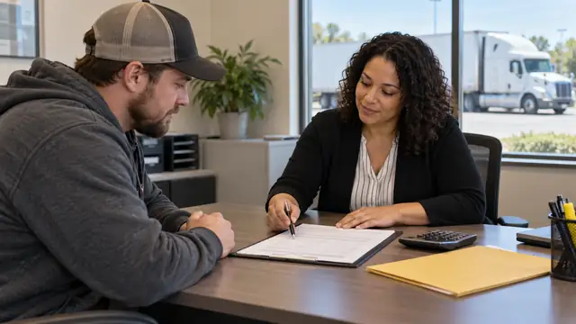A prospective CDL student and workforce adviser comparing course paperwork in an office