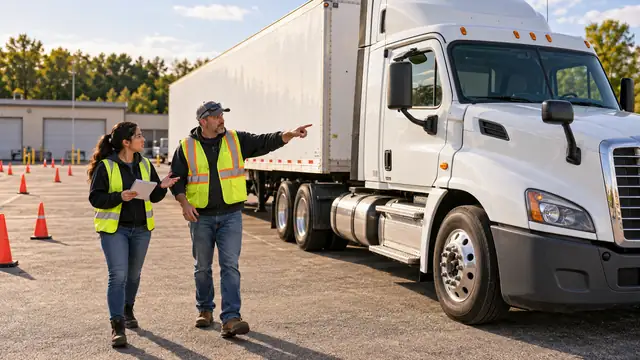 A prospective student touring a US truck training yard with an instructor beside a test vehicle