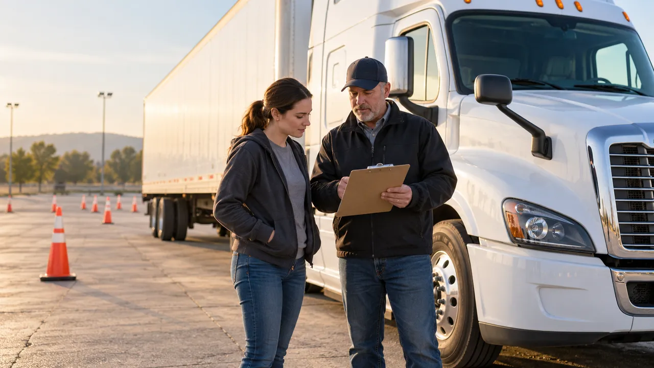 A student and instructor discussing training beside a parked tractor-trailer