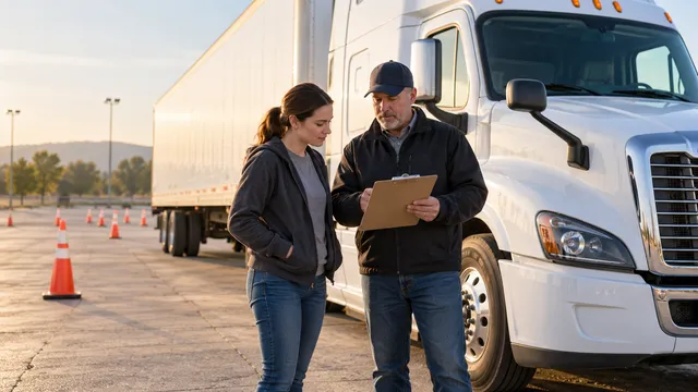 A student and instructor discussing training beside a parked tractor-trailer