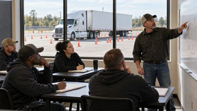 A CDL classroom overlooking a US truck practice range