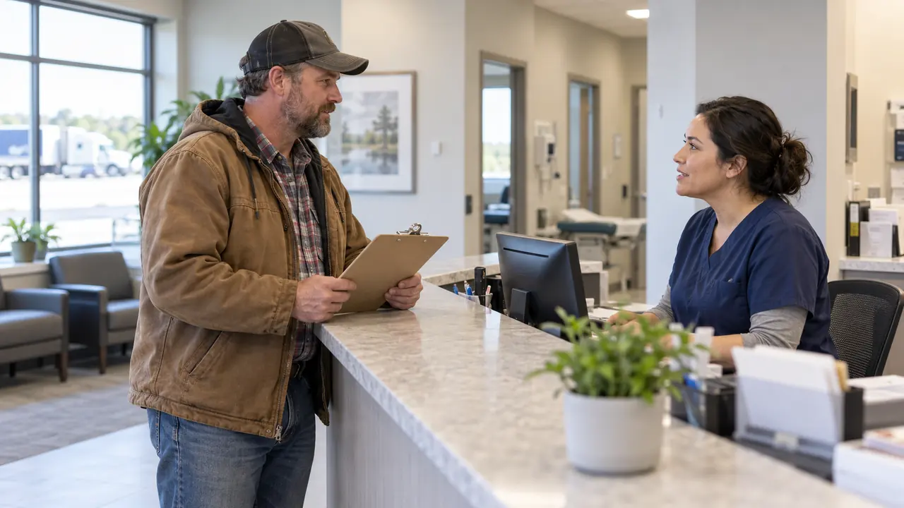 A driver holding a clipboard at an occupational-health clinic reception desk