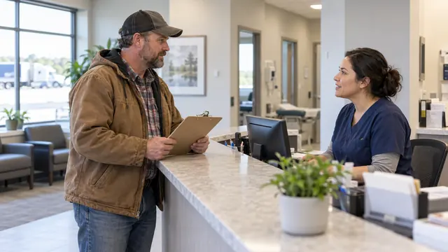 A driver holding a clipboard at an occupational-health clinic reception desk