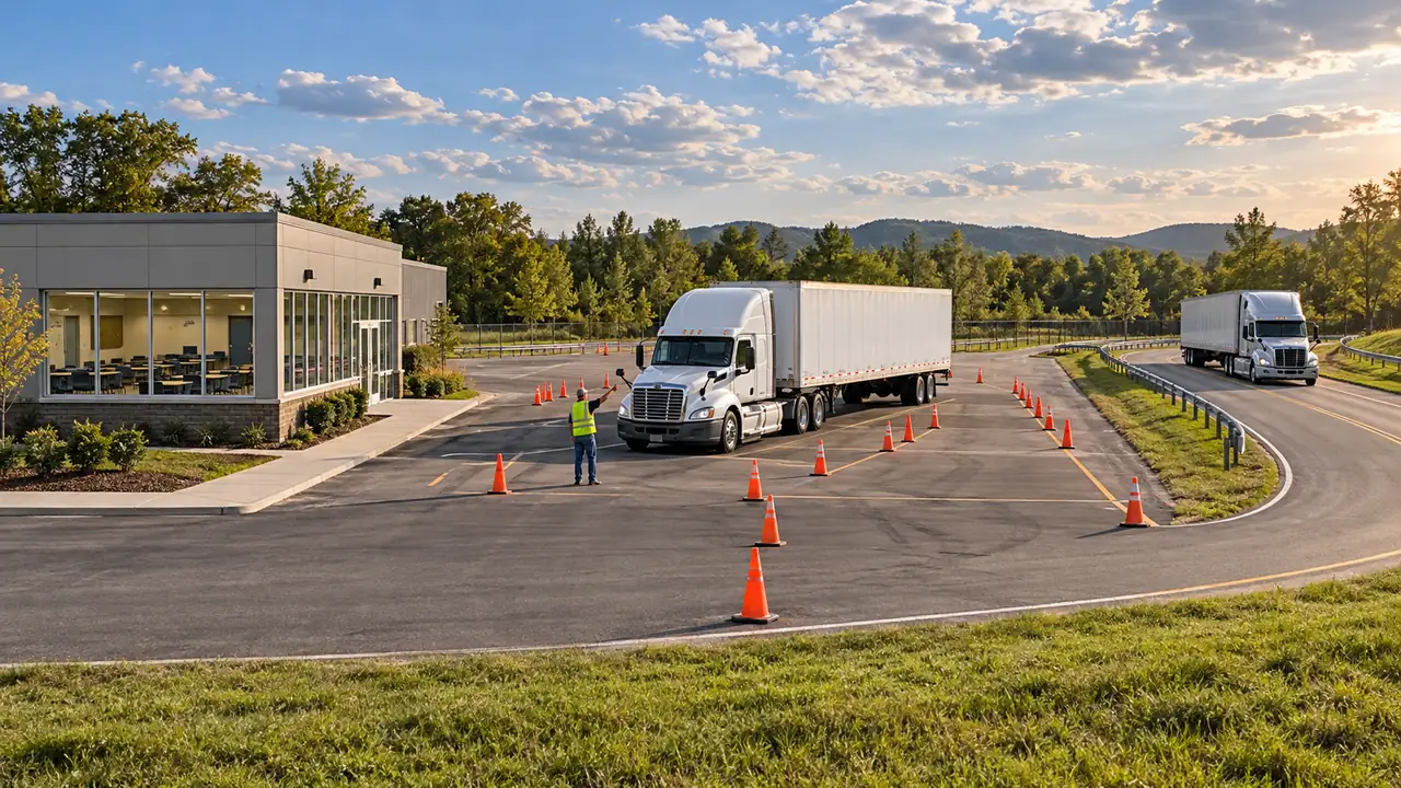 US campus scene showing a classroom building, closed cone range and a separate training road