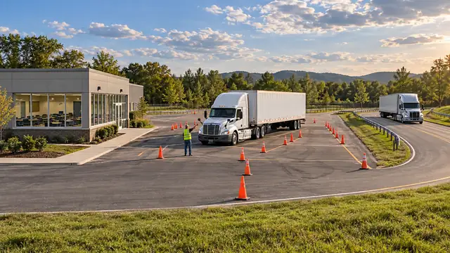 US training campus scene with a classroom building, cone practice range and separate road loop