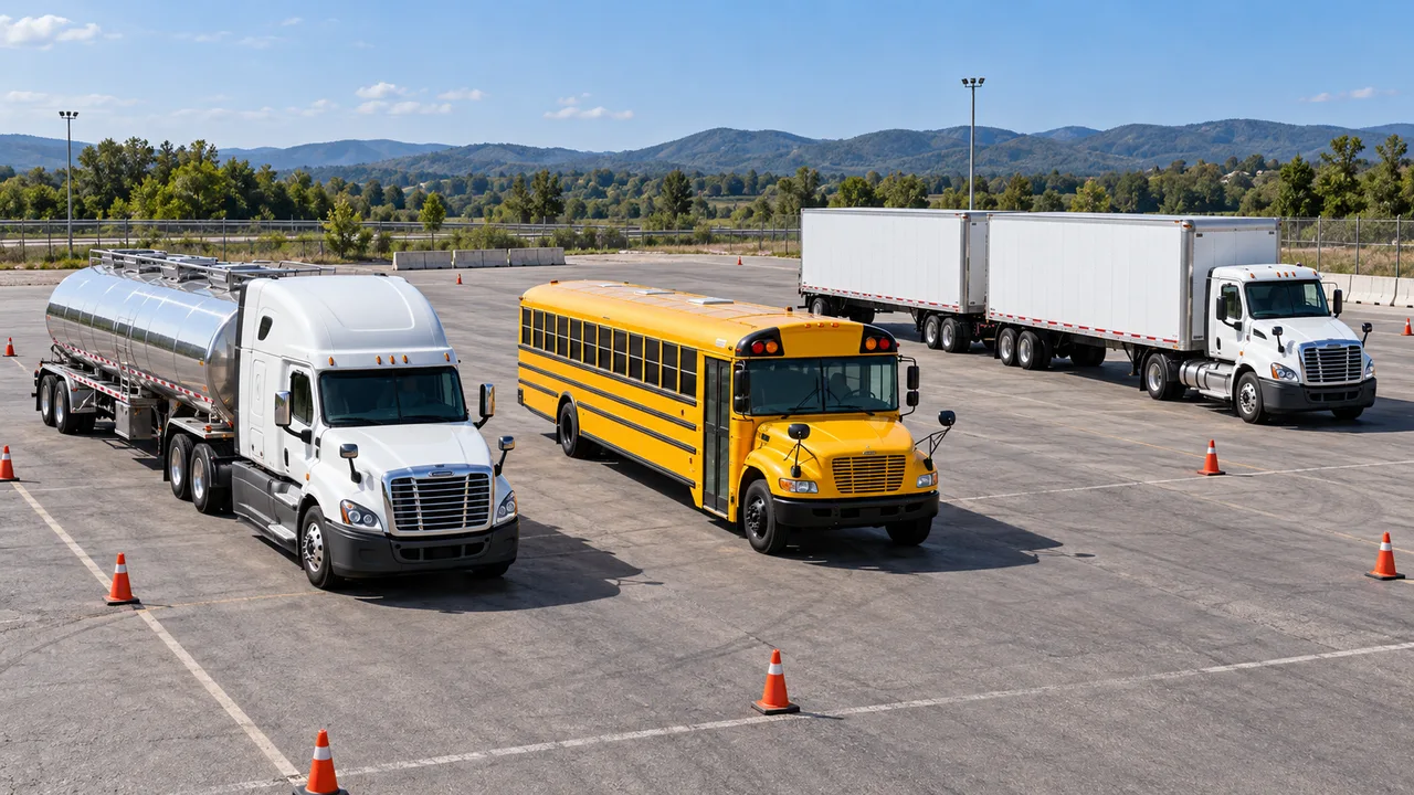 A tank semitrailer, school bus and double-trailer combination in a conceptual US training yard