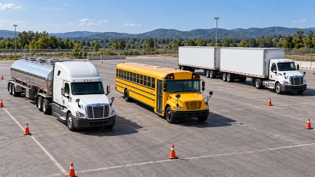 A tank semitrailer, school bus and double-trailer combination in a conceptual US training yard