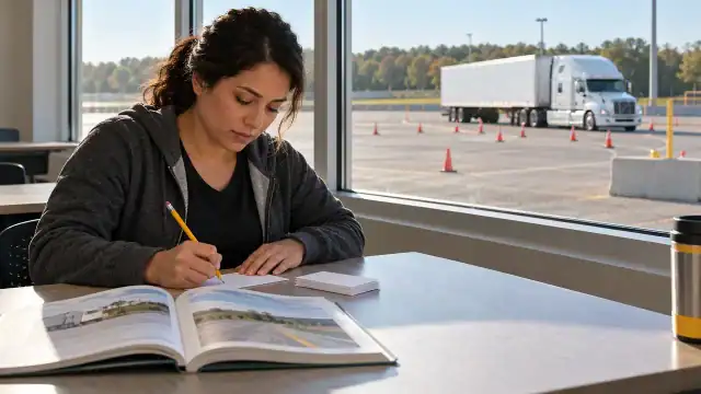 A learner studying a handbook beside a window overlooking a truck range
