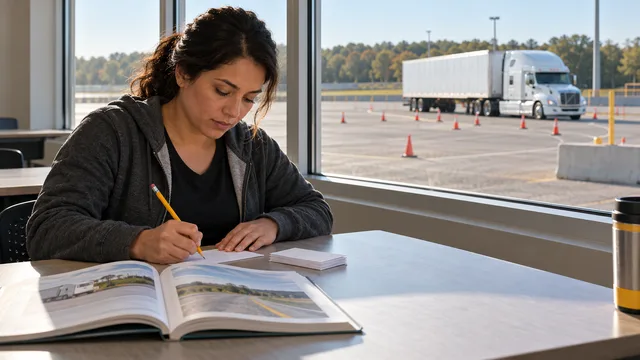 A learner studying a handbook beside a window overlooking a truck range