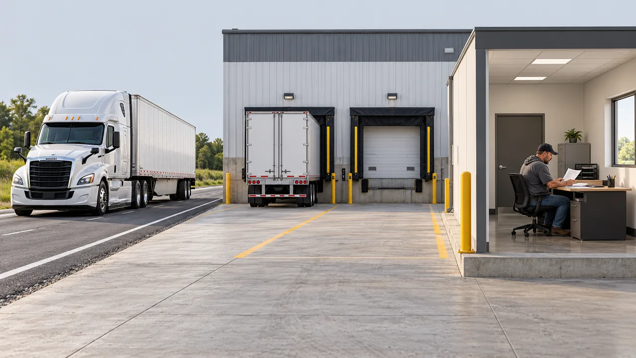 Concept distribution depot showing a truck approach, loading dock and dispatch office